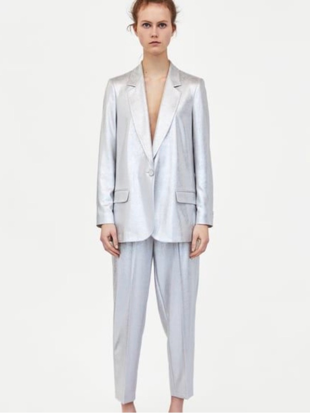 Zara Woman 2 Pieces Matching Set Silver Metallic Blazer + Suit Pants XS